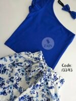 ⁦طقم بناتي تلت قطع صيفي توب وجيب شورت وهيد باند⁩ - الصورة ⁦2⁩