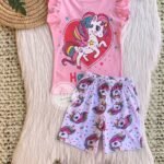 بجامه بناتي قطعتين رسمة يونيكورن بينك +شورت يونيكورن ابيض