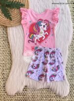 بجامه بناتي قطعتين رسمة يونيكورن بينك +شورت يونيكورن ابيض