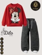 ⁦طقم بناتي خروج تيشرت كيتون وبنطلون جينز زارا مرسوم⁩ - الصورة ⁦2⁩